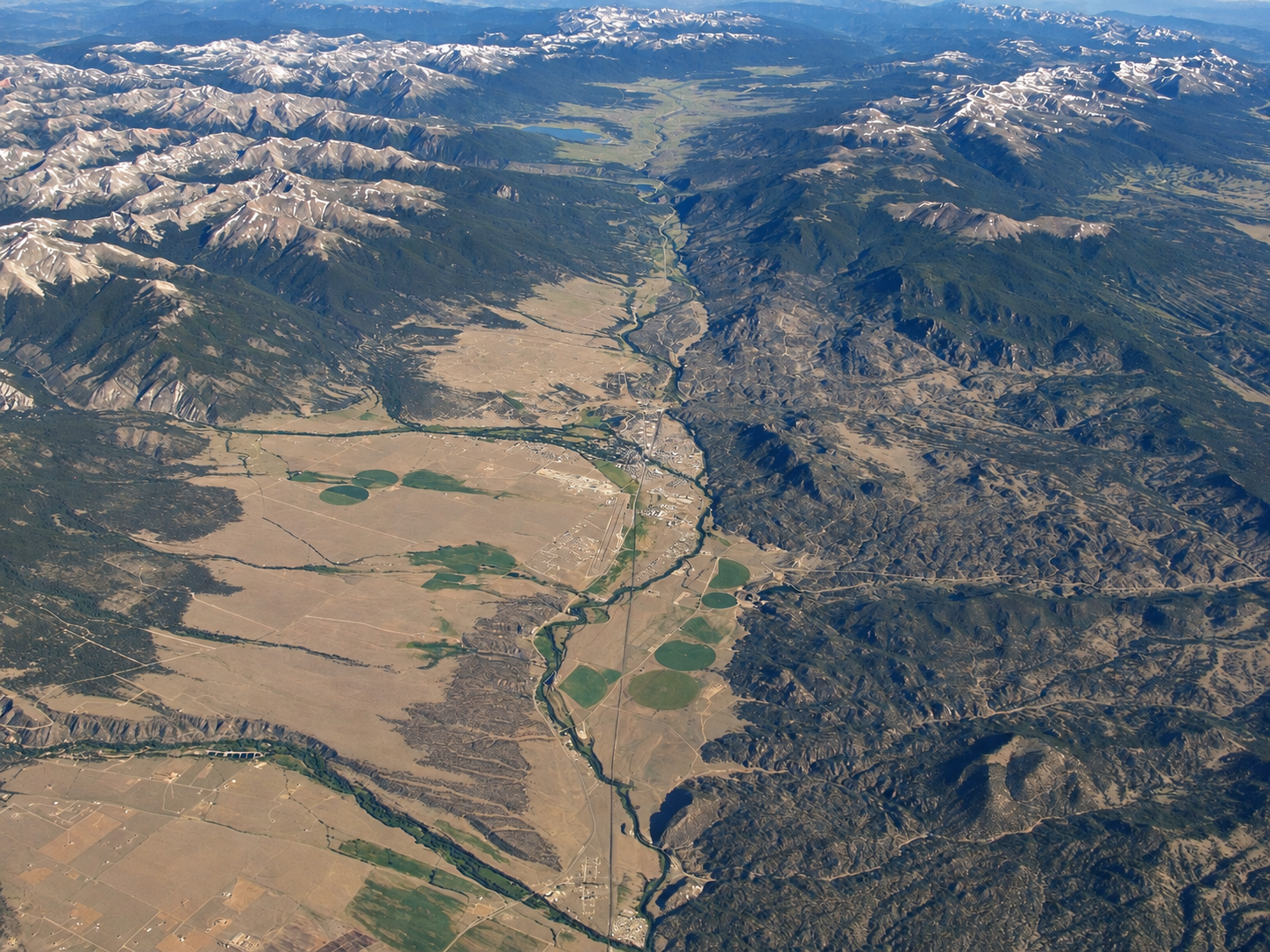 Aerial view of Buena Vista, Colorado, the Arkansas River Valley, and the surrounding Collegiate Peaks